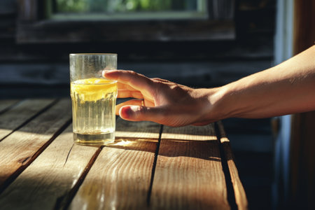hand passing a glass of lemonade across a wooden table, created with generative aiの素材