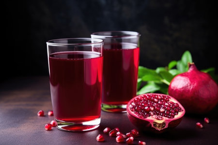bright red pomegranate juice in a clear glass, created with generative aiの素材