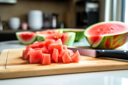 watermelons and knife on a kitchen countertop, created with generative aiの素材