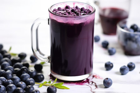 blueberry beer in a mug with fresh blueberries around it, created with generative aiの素材