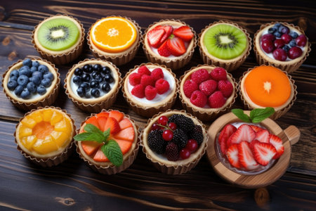 variety of fruit tarts with vibrant colors on a dark wooden table, created with generative aiの素材