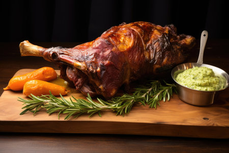 whole lamb shank with garlic and rosemary spread on a wooden board, created with generative aiの素材