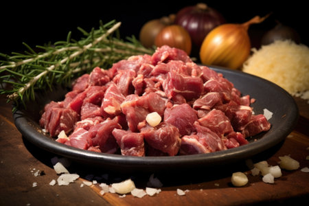 lamb stew meat with crumbled garlic and decorticated rosemary, created with generative aiの素材