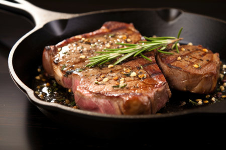 a pan-seared lamb steak with rosemary and sliced garlic, created with generative aiの素材