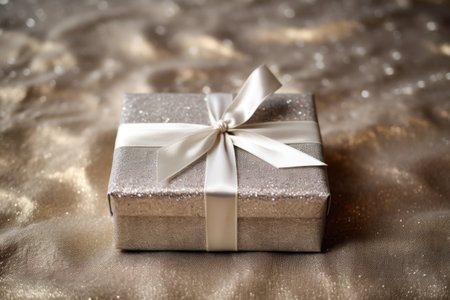 a glittering silver wrapped present box on a plain burlap fabric, created with generative aiの素材