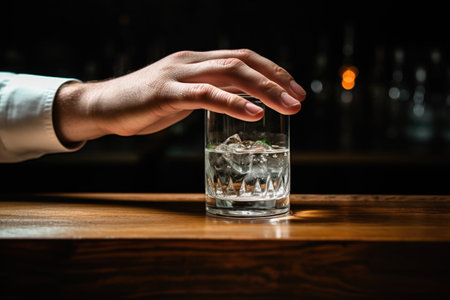 hand reaching for gin and tonic glass on a bar top, created with generative aiの素材