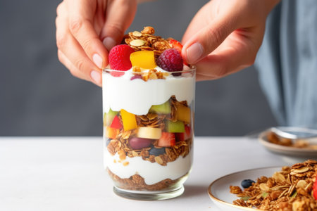 hand carefully layering a greek yogurt parfait with colorful fruit and crunchy granola, created with generative aiの素材