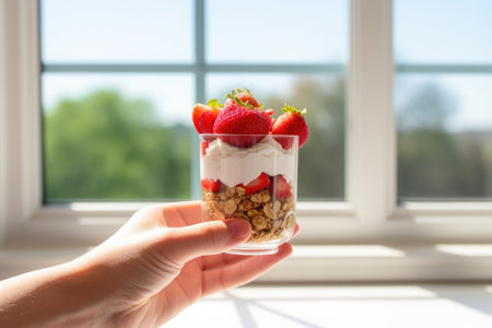 hand presenting a greek yogurt parfait cup in front of a bright window, created with generative aiの素材