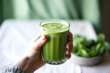 hand holding a glass of green smoothie under natural light, created with generative aiの素材