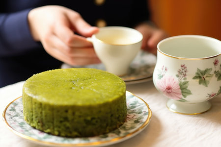 hand placing a green tea cake beside a cup of tea, created with generative aiの素材