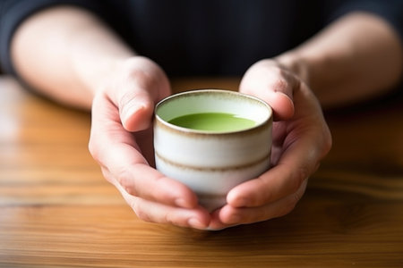 hand places a cup of frothy matcha tea on a wooden table, created with generative aiの素材