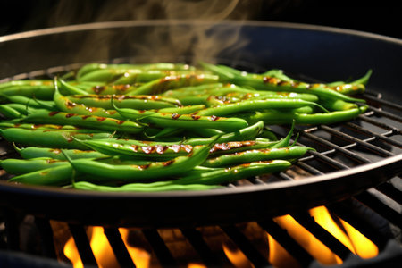 fresh green beans sizzling in a grill basket, created with generative aiの素材