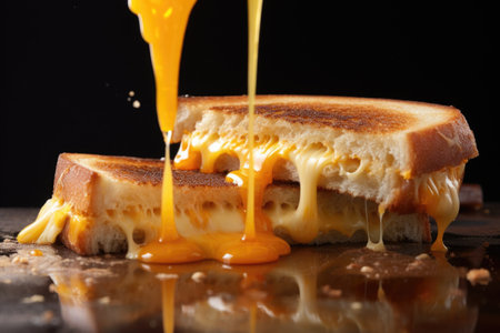 cheese oozing out from a hot grilled cheese sandwich, created with generative aiの素材