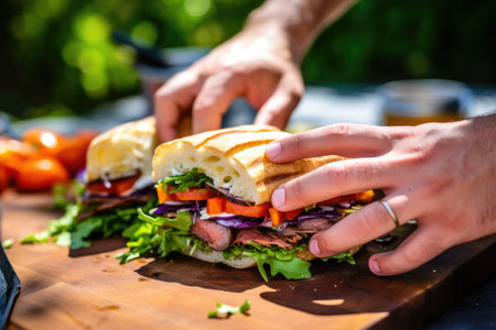 hands pressing down on a sandwich before grilling, created with generative aiの素材
