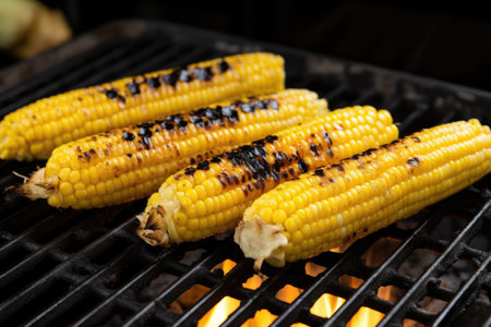 charred corn cobs on a metal grill pan, created with generative aiの素材