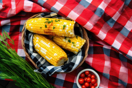 overhead shot of grilled corn on plaid picnic cloth, created with generative aiの素材
