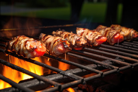 half-dozen oysters on grill over glowing heat, created with generative aiの素材
