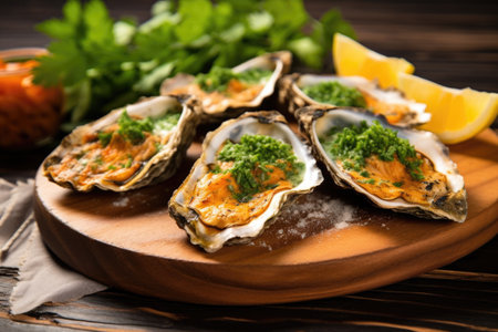grilled oysters garnished with parsley on wooden slab, created with generative aiの素材