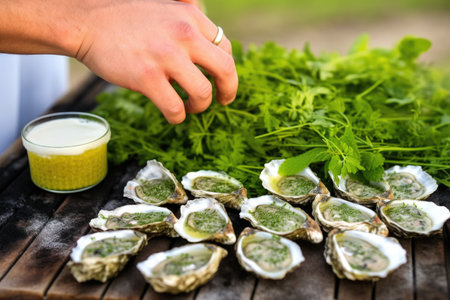 hand placing fresh herbs next to grilled oysters with garlic sauce, created with generative aiの素材