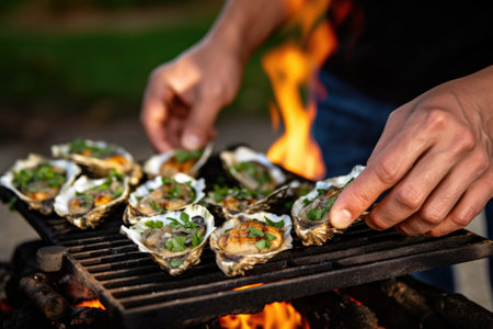 hand garnishing grilled oysters with chopped parsley, created with generative aiの素材