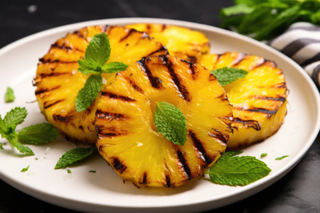 grilled pineapple garnished with mint leaves, created with generative aiの素材