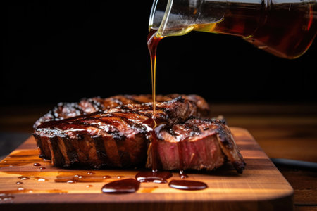 pouring homemade steak sauce onto a grilled porterhouse steak, created with generative aiの素材