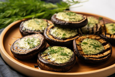 grilled portobello mushrooms with herb butter on top, created with generative aiの素材