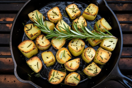 overhead shot of grilled potatoes with rosemary on cast iron pan, created with generative aiの素材