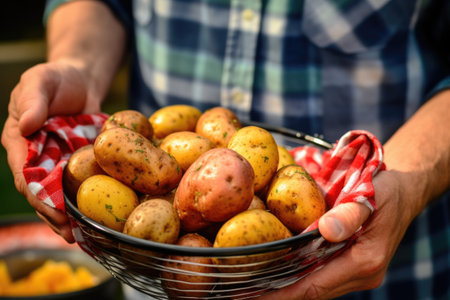hand holding a basket of potatoes for grilling, created with generative aiの素材