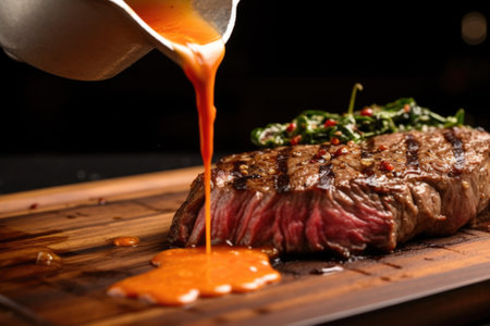 pouring pepper sauce on a freshly grilled ribeye steak, created with generative aiの素材