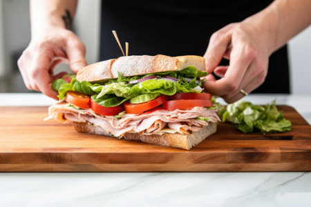 hand placing the finished sandwich on a wooden board, created with generative aiの素材