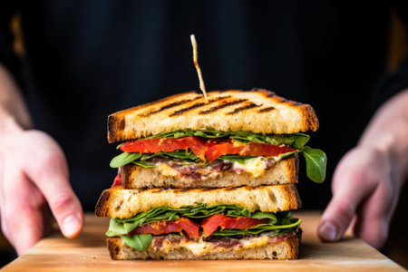 holding a brick pressing down on grilled club sandwich, created with generative aiの素材