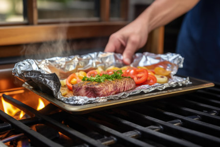 using foil-wrapped brick to press down on a sandwich grilling on stove, created with generative aiの素材