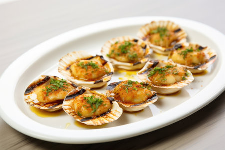 char grilled scallops in a white ceramic plate, created with generative aiの素材