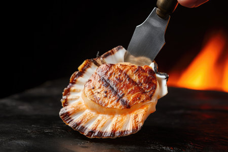 large chefs knife slicing through a charred scallop, created with generative aiの素材