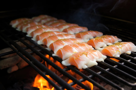 laying raw fish fillets on a hot barbecue, created with generative aiの素材