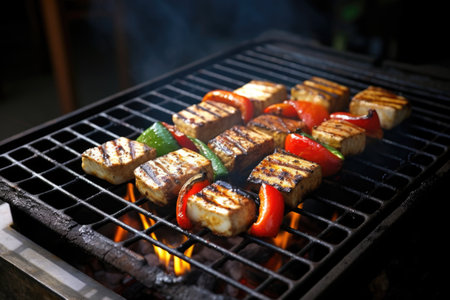 grilled tofu steak sizzling on a backyard barbecue, created with generative aiの素材
