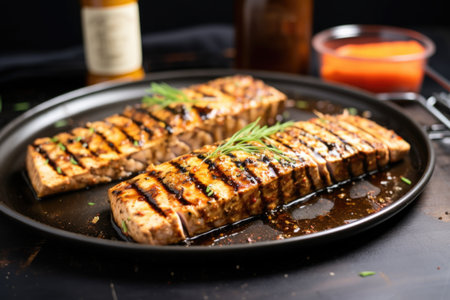 grilled tofu steak seasoned with around pile of spice jars, created with generative aiの素材