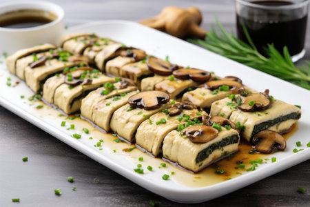 grilled tofu steak stuffed with mushrooms on a flat platter, created with generative aiの素材