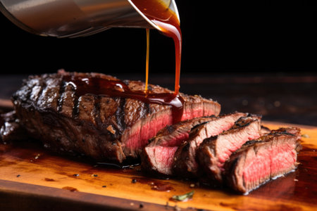 hand drizzling steak sauce over a freshly grilled steak, created with generative aiの素材