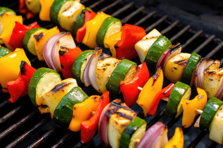 close view of grill marks on a vegetable kabob, created with generative aiの素材