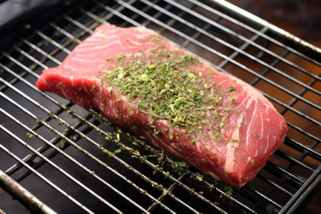 raw steak with herb rub on a metal grilling basket, created with generative aiの素材