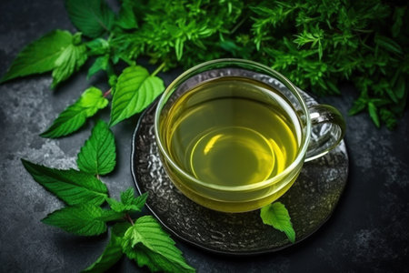 top view of herbal tea with fresh green leaves, created with generative aiの素材
