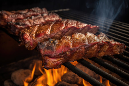 steaming hickory smoked ribs on a grill, created with generative aiの素材