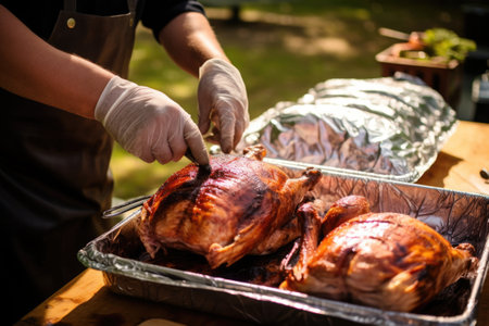 hand packing hickory-smoked chicken for a picnic, created with generative aiの素材