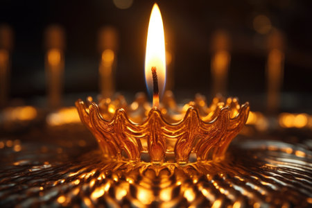up-close of a lit wick on the first candle of a menorah, created with generative aiの素材
