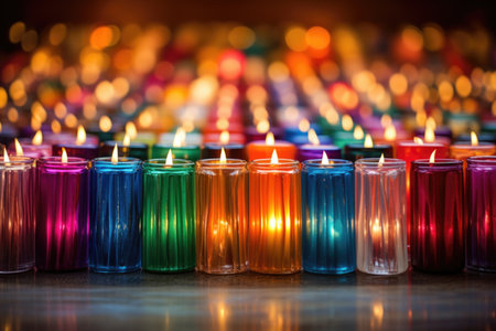 an array of colorful holiday candles on a glass tabletop, created with generative aiの素材
