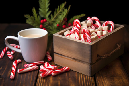 a cup of mocha and red-white candy canes in a rustic box, created with generative aiの素材