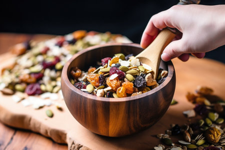 hand picking up a spoonful of trail mix from a wooden bowl, created with generative aiの素材