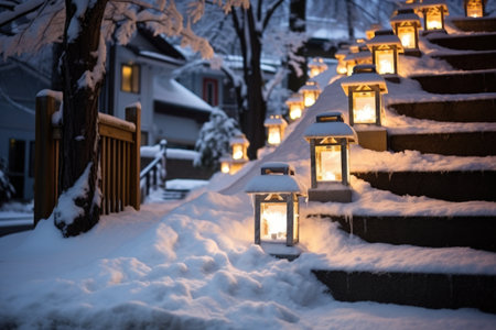 lanterns casting soft glows on snow-covered steps, created with generative aiの素材